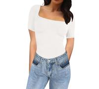 Maglietta da donna a maniche corte con scollo quadrato, estiva, aderente, basic top, casual, aderente, leggera, per tutti i giorni, lavoro, vacanze, bianco, M