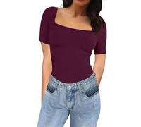 Maglietta da donna a maniche corte con scollo quadrato, estiva, aderente, basic top, casual, aderente, leggera, per tutti i giorni, lavoro, vacanze, vino, M