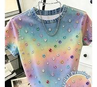 Maglietta da donna a maniche corte con scollo rotondo, stile coreano, blu e giallo delicato e sognante con strass, adatta per l'uso quotidiano nel campus, casual anni '90 Y2K estivo L,M,S,XLstampa dap
