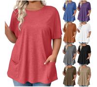 Maglietta da donna a maniche corte, con scollo rotondo, vestibilità comoda, basic top estivo, taglie grandi, casual, con tasca, per adolescenti, Rosso anguria., L