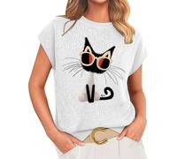Maglietta da donna a maniche corte con stampa di gatto, casual, vestibilità larga, leggera, per l'estate, per tutti i giorni, feste, vacanze, bianco, L