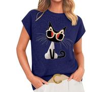 Maglietta da donna a maniche corte con stampa di gatto, girocollo, casual, a tunica, leggera, per l'estate, per tutti i giorni, feste, vacanze, Blu, L