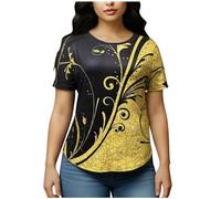 Maglietta da donna, a maniche corte, con stampa, scollo rotondo, a maniche corte, camicia stretta, top con glitter blu, giallo., 5XL