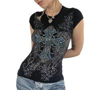 Maglietta da donna a maniche corte con strass, stile punk, estivo, gotico, Y2k, con stampa grafica, colore nero, grunge camicetta top party carnevale, Nero , L