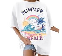 Maglietta da donna a maniche corte, oversize, estiva, in cotone, con scollo rotondo, ampia, basica, vintage, per il tempo libero, con spalle stampate, Y2k, streetwear, P bianco., S