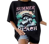 Maglietta da donna a maniche corte, oversize, estiva, in cotone, con scollo rotondo, ampia, basica, vintage, per il tempo libero, con spalle stampate, Y2k, streetwear, O nero., M