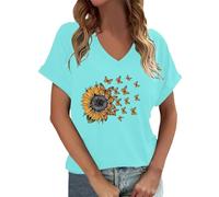 Maglietta da donna a maniche corte, scollo rotondo, con girasoli e stampa a farfalla, stampa casual, per tutti i giorni, tempo libero, per la primavera, l'estate, O verde menta, S