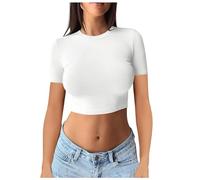 Maglietta da donna a maniche corte, slim fit, girocollo, a maniche lunghe, tinta unita, basic crop top casual, abbigliamento estetico, Streetwear Clean Girl Abbigliamento metallizzato da donna, bianco