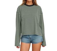 Maglietta da donna a maniche lunghe a righe con design a colori, vestibilità larga, girocollo per una vestibilità comoda nella vita di tutti i giorni, Verde scuro, XL