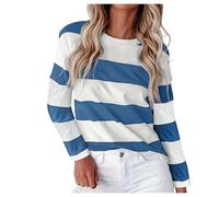 Maglietta da donna a maniche lunghe a righe, stile universitario, casual, girocollo a maniche lunghe, camicetta estiva Y2K, da donna, casual, comfort quotidiano, elegante e versatile, Blu, XL