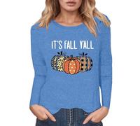 Maglietta da donna a maniche lunghe con scritta autunnale Y'all - Maglione casual con stampa leopardata e zucca | Top alla moda per la stagione autunnale, Stil_p02 blu, L