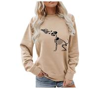 Maglietta da donna a maniche lunghe, con stampa scheletrica, a maniche lunghe, casual, senza stiratura, colore beige, crema, cancro al seno, da donna, girocollo, felpa, A5 kaki, L