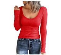 Maglietta da donna a maniche lunghe, scollo a U, maglia a coste, maglietta basic a maniche lunghe con elastico in vita, Colore: rosso, S