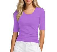 Maglietta da donna a mezza manica con scollo a V, maniche a 5/4, slim fit, alla moda, basic, estiva, a maniche corte, in cotone, casual, classica, morbida, O viola, L