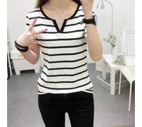 Maglietta da donna a righe con piccolo scollo a V e moderata elasticità, per abbigliamento casual quotidiano in tutte le stagioni, colore nero, taglia M (XXL bianco)