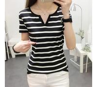 Maglietta da donna a righe con scollo a V manica corta elastica (Is black L | Tessuto elastico, taglio ampio, scollo a V, nero o bianco, per tutti i giorni