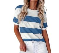 Maglietta da donna a righe, estiva, casual, alla moda, morbida, a maniche corte, elegante, traspirante, leggera, a maniche corte, per il tempo libero, per lo sport, traspirante, Blu marino, L