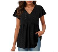 Maglietta da donna a tinta unita con scollo a V, con orlo arricciato a balze, manica a sbuffo, maglietta estiva chic traspirante con bordi in pizzo camicetta, Le Noir, XXL