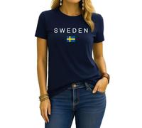Maglietta da donna alla moda con bandiera della Svezia | Design minimalista con la parola "Svezia" e la bandiera svedese, ideale per viaggiatori e amanti della Svezia