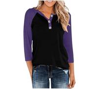 Maglietta da donna alla moda con maniche raglan, lunghezza a tre quarti, colletto a contrasto, camicetta casual, morbida, comoda, compagno di tutti i giorni, design moderno, Lilla, M