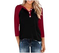 Maglietta da donna alla moda con maniche raglan, lunghezza a tre quarti, colletto a contrasto, camicetta casual, morbida, comoda, compagno di tutti i giorni, design moderno, Colore: rosso, XXL