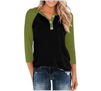 Maglietta da donna alla moda con maniche raglan, lunghezza a tre quarti, colletto a contrasto, camicetta casual, morbida, comoda, compagno di tutti i giorni, design moderno, verde, XL