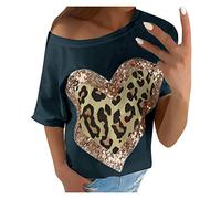 Maglietta da donna alla moda, con paillette, casual, leopardato, con motivo a cuore, a maniche corte, con scollo rotondo, larga, comoda tunica, maglietta da donna