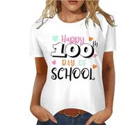 Maglietta da donna alla moda con stampa a lettere, scollo rotondo, 100 giorni, Cooles 100° giorno di scuola, maglietta a maniche corte, top largo, per festa della mamma, bianco, S
