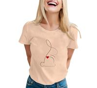 Maglietta da donna alla moda con stampa casual coniglio, comodo scollo rotondo per una moda, cachi, L