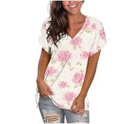 Maglietta da donna alla moda con stampa floreale e scollo a V, casual, estiva, a maniche corte, vestibilità ampia, per il tempo libero, comode, per attività all'aperto, rosa, S