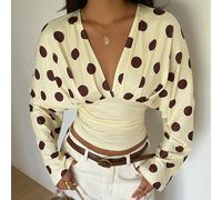 Maglietta da donna autunno/inverno con stampa a pois gialli, patchwork, scollo a V profondo, arricciata, maniche corte, ampia sopra e aderente sotto L,M,S,XSMotivo strutturatoTessuto in maglia
