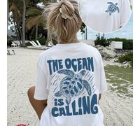 Maglietta da donna bianca a maniche corte in cotone con scollo a girocollo e grafica "The Ocean Is Calling" con tartaruga marina, adatta per uso casual estivo e vacanze L,M,S,XL,XXLLettere,TropicaleCo