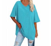 Maglietta da donna bianca a tunica da donna, in cotone con scollo a V, mezza lunghezza, per la primavera e l'estate, oversize, per t-shirt oversize, Blu, XXL