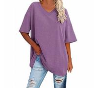 Maglietta da donna bianca a tunica da donna, in cotone con scollo a V, mezza lunghezza, per la primavera e l'estate, oversize, per t-shirt oversize, Lilla, M