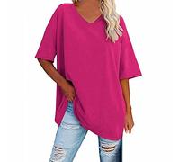 Maglietta da donna bianca a tunica da donna, in cotone con scollo a V, mezza lunghezza, per la primavera e l'estate, oversize, per t-shirt oversize, rosa intenso, XL