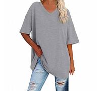 Maglietta da donna bianca a tunica da donna, in cotone con scollo a V, mezza lunghezza, per la primavera e l'estate, oversize, per t-shirt oversize, Gy1, L
