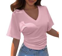 Maglietta da donna, casual, casual, estiva, a maniche corte, con scollo a V, basic, slim fit, tinta unita, elegante, da ufficio, larga, leggera, per il tempo libero, alla moda, O rosa., XXXL