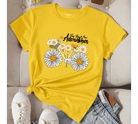 Maglietta da donna casual estiva con stampe floreali e di lettere, magliette grafiche per il top delle donne L,M,S,XL,XSBlocchi di colore,Floreale,Lettere,Piante,sloganTessuto in maglia