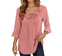 Maglietta da donna casual estiva, top basic con colletto e volant per uso quotidiano, comoda camicetta da donna, maglietta a maniche corte, Colore: rosa., XXL