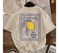 Maglietta da donna, che mostra tutti gli elementi della Limoncella, incarnando lo stile di vita dolce italiano. Lavabile, casual e carina. Stile a maniche corte, top estivo con vestibilità ampia. L,M,