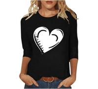 Maglietta da donna chic ed elegante camicetta a collo rotondo, maniche a 3/4, stampa camicetta a cuore d'amore funky top drole moda San Valentino regalo felpa novels party club, Nero , M