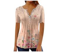 Maglietta da donna, comoda, scollo a V, tunica, top, bottoni, camicetta a maniche corte, camicetta estiva, beige., XL