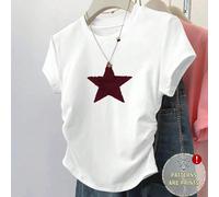 Maglietta da donna con arricciature, snellente e versatile, con grande stampa a stella a cinque punte, top casual da esterno, maglietta a maniche corte, adatta per l'estate, maglietta bianca classica 