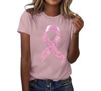 Maglietta da donna con fiocco glitterato - Maglietta Statement per l'educazione del cancro al seno | Maglia a maniche corte con scollo rotondo e motivo, Stil_f03 rosa acceso, XL