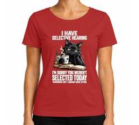 Maglietta da donna con gatto nero e scritta "I Have Selective Hearing" | libri, sarcasmo, gatto, occhiali, lettore, umorismo in ufficio, mattina, introverso, ironia, frase divertente