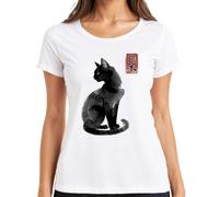 Maglietta da donna con gatto nero giapponese Kanji calligrafia, bianco, XXL