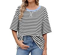 Maglietta da donna con gradiente di colore, estiva, casual, alla moda, con scollo rotondo, a maniche corte, Y2k, basic, a righe, Nero , XXL