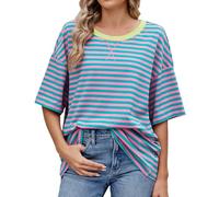 Maglietta da donna con gradiente di colore, estiva, casual, alla moda, con scollo rotondo, a maniche corte, Y2k, basic, a righe, Colore: rosa., XL