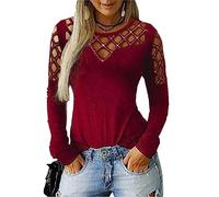 Maglietta Da Donna Con Manica Lunga In Pizzo Bluse TShirt Tops Girocollo Lunghe Maglie Camicia Eleganti Magliette Larghe T-Shirt A Rete Sexy Casual Ideale Per Serate Discoteca (Rosso vino,L,L)
