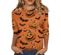 Maglietta da donna con maniche a 3/4, con scollo rotondo, con stampa a zucca, divertente, per Halloween, villaggio, grafica, comoda, casual, maglione autunnale, regalo per donne, rosso anguria, L